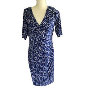 Lauren Ralph Lauren Blue Geometric Print Faux Wrap Ruched Dress – Size 10